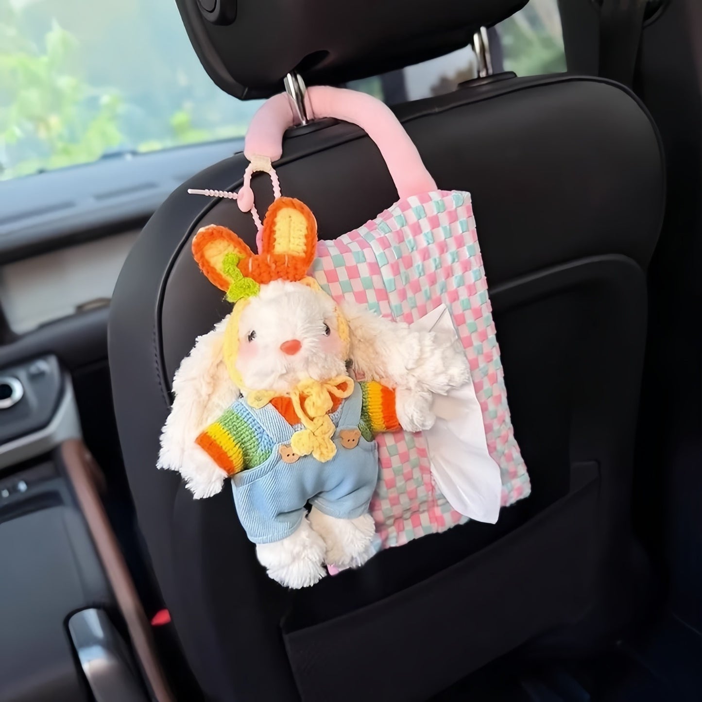 Cute Bunny Car Tissue Hanging Bag, Adorable Plush Tissue Holder for Home or Car Decor