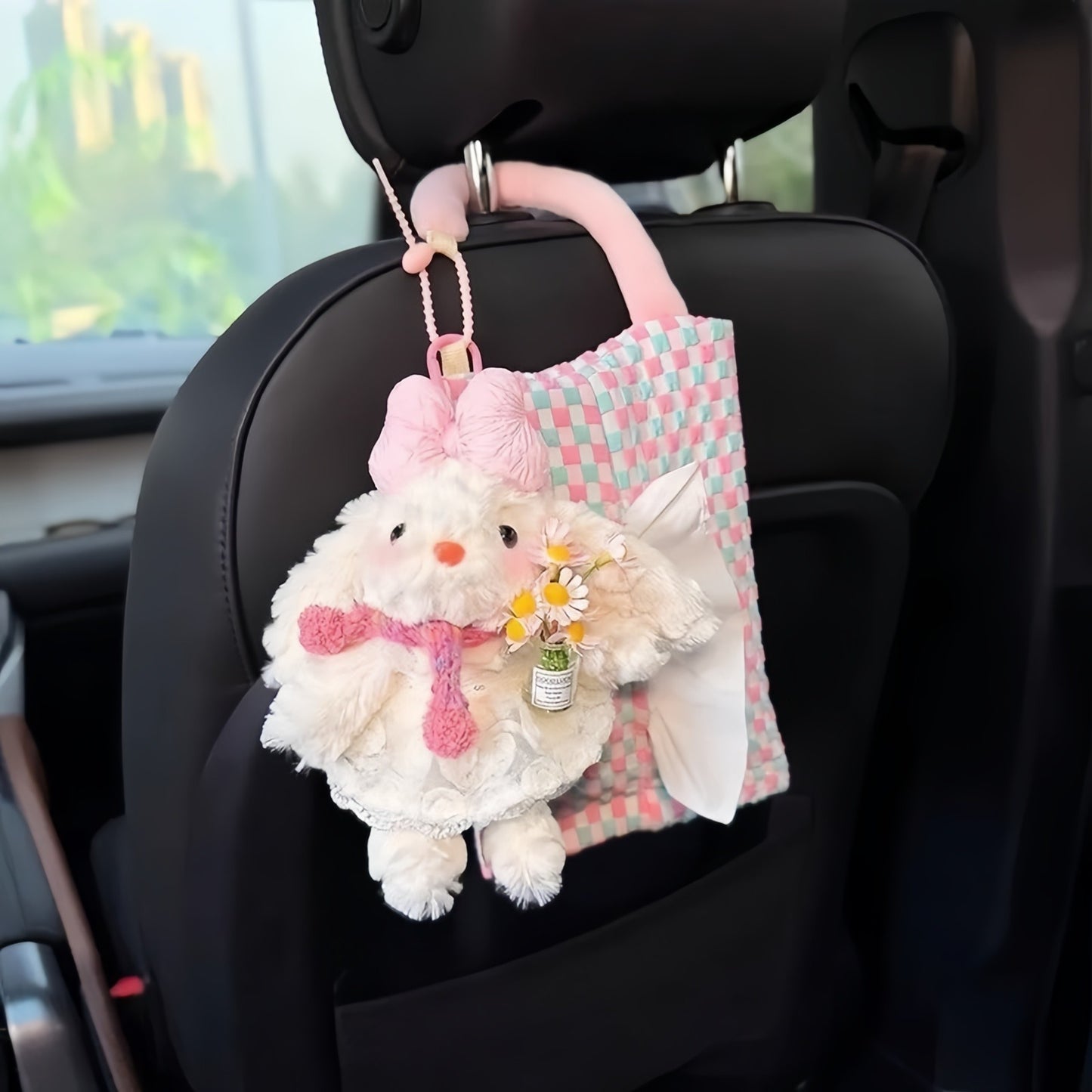 Cute Bunny Car Tissue Hanging Bag, Adorable Plush Tissue Holder for Home or Car Decor