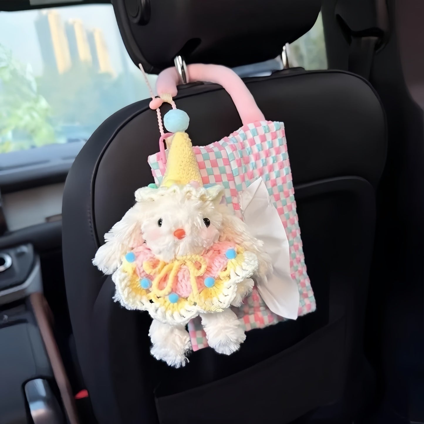 Cute Bunny Car Tissue Hanging Bag, Adorable Plush Tissue Holder for Home or Car Decor