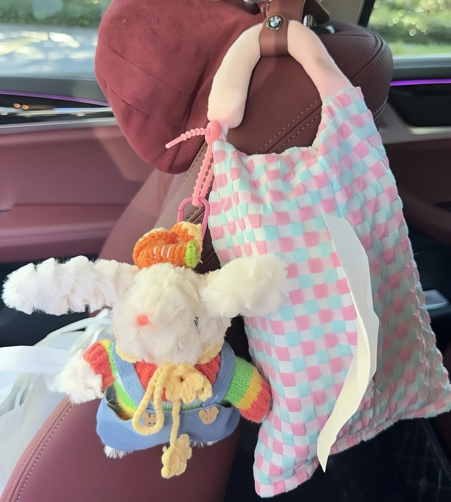 Cute Bunny Car Tissue Hanging Bag, Adorable Plush Tissue Holder for Home or Car Decor