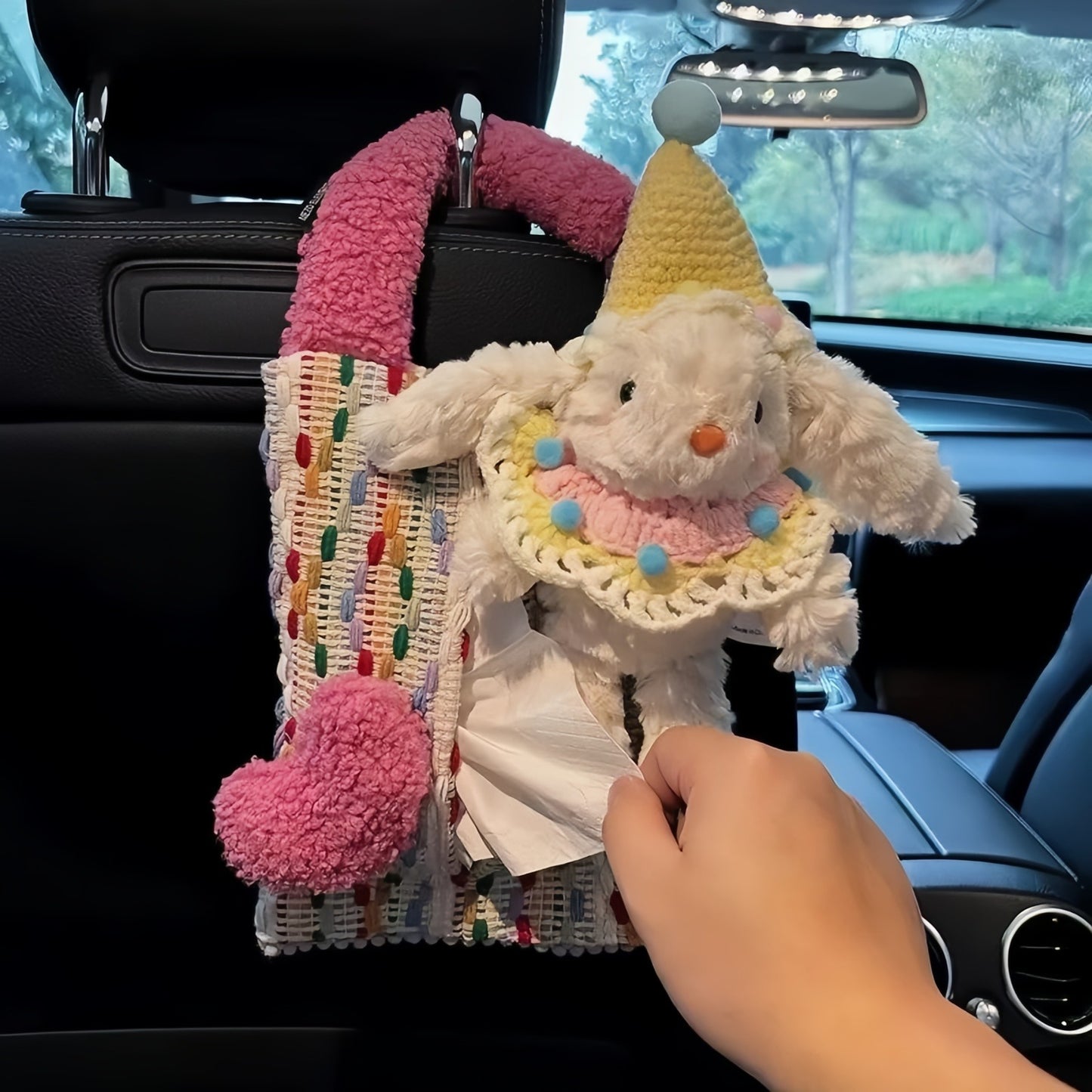 Cute Bunny Car Tissue Hanging Bag, Adorable Plush Tissue Holder for Home or Car Decor