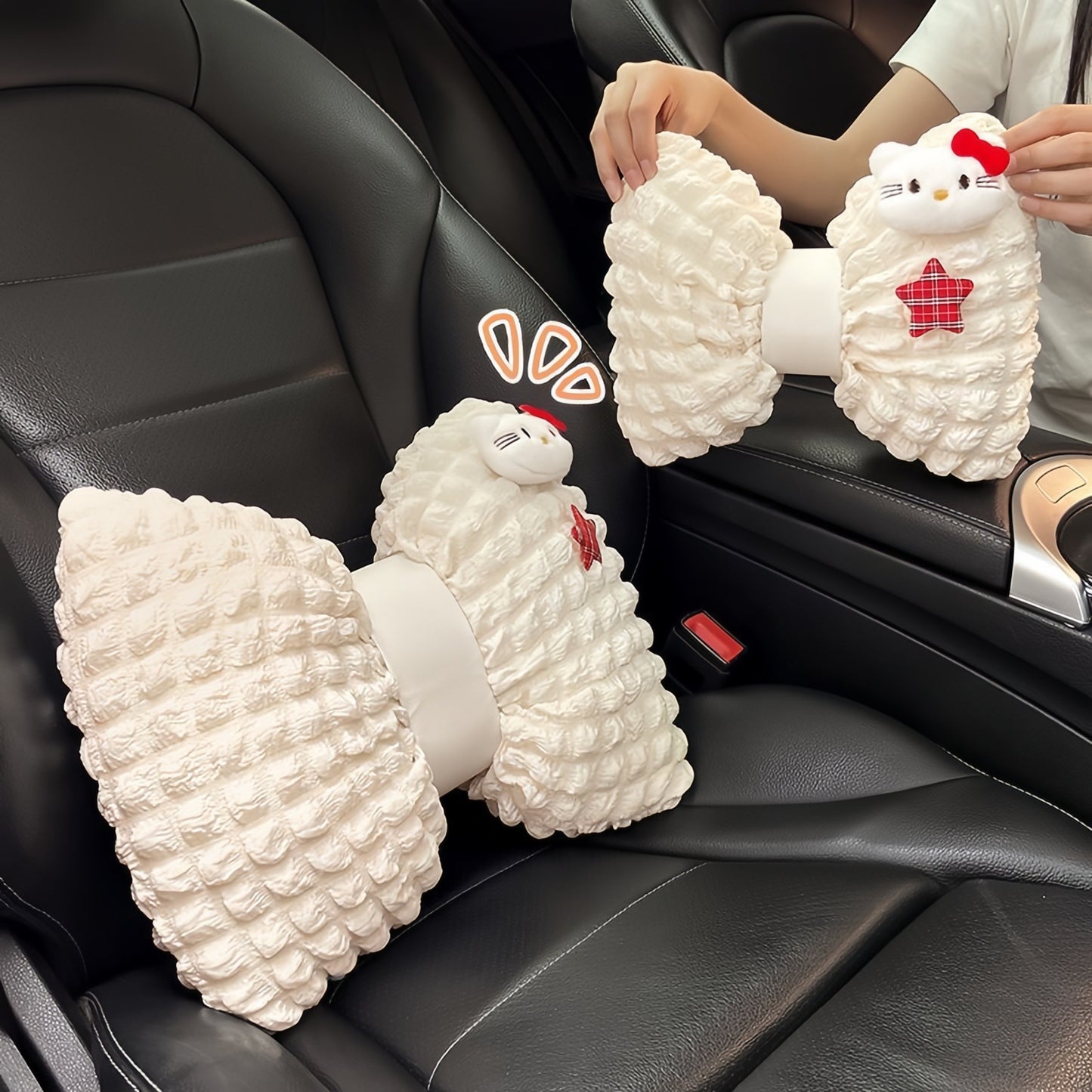 Cute Kitty Car Neck & Lumbar Support Pillow Set, Adorable Comfort Kitty Car Decor